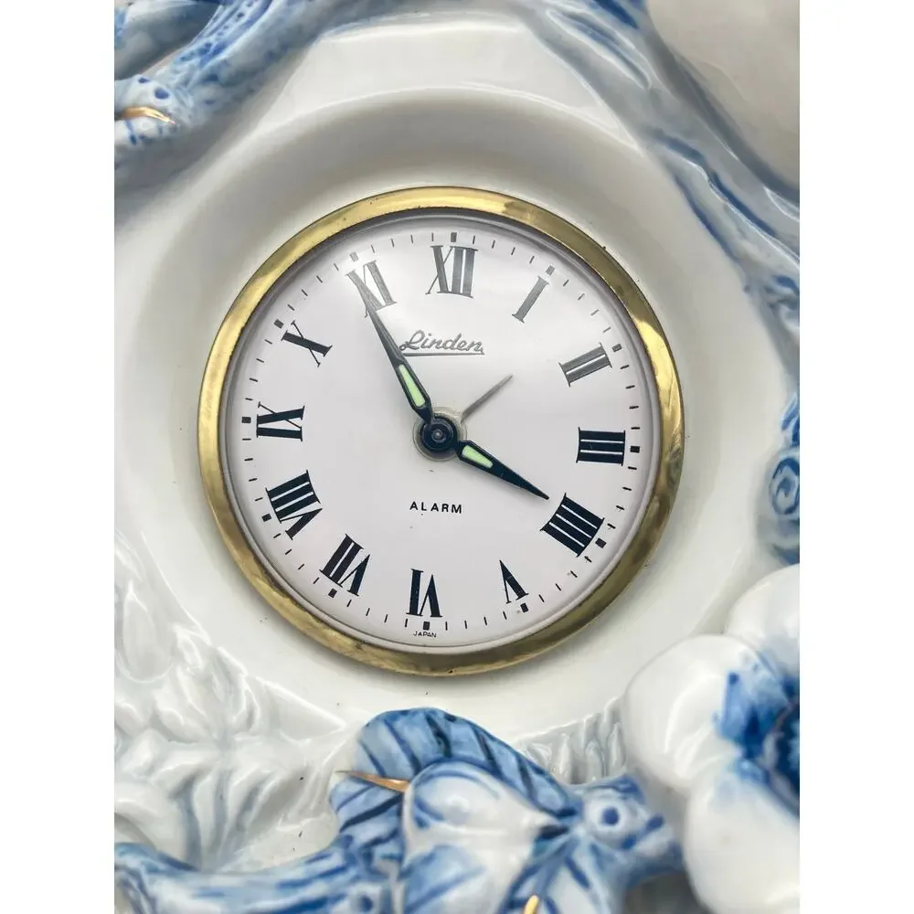 Vintage Linden Mechanical Mantle Alarm Clock Porcelain Blue Jay Gold Accents